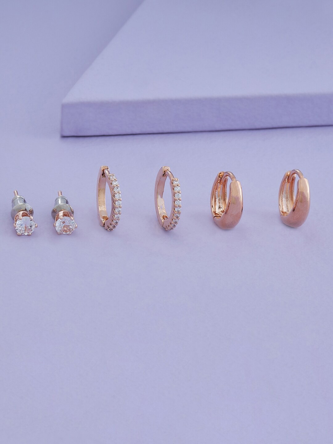 

Kushal's Fashion Jewellery Set Of 3 Rose-Gold Plated Contemporary Studs Earrings, White