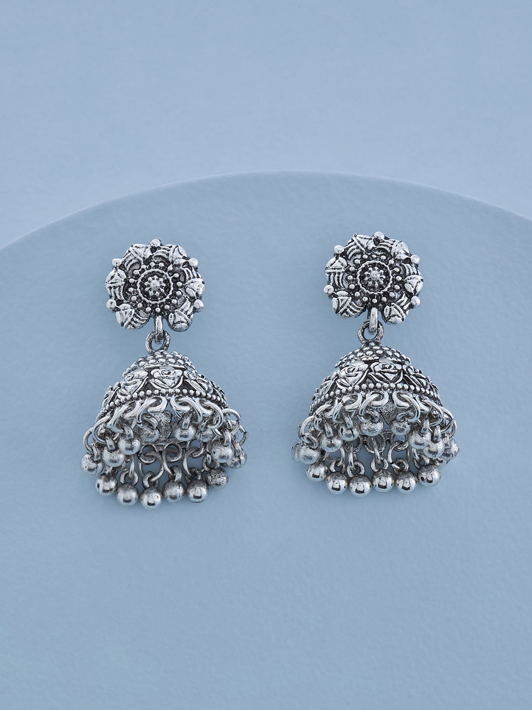 

Kushal's Fashion Jewellery Rhodium-Plated Oxidised Contemporary Jhumkas Earrings, Silver