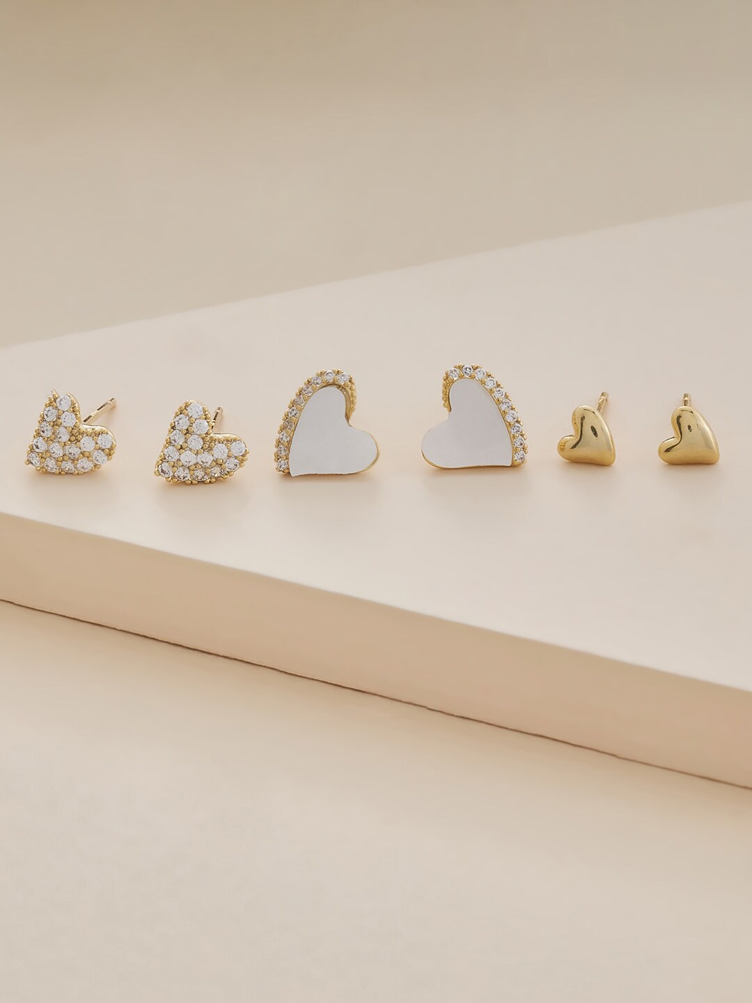 

Kushal's Fashion Jewellery Set Of 3 Gold-Plated Heart Shaped Studs, White