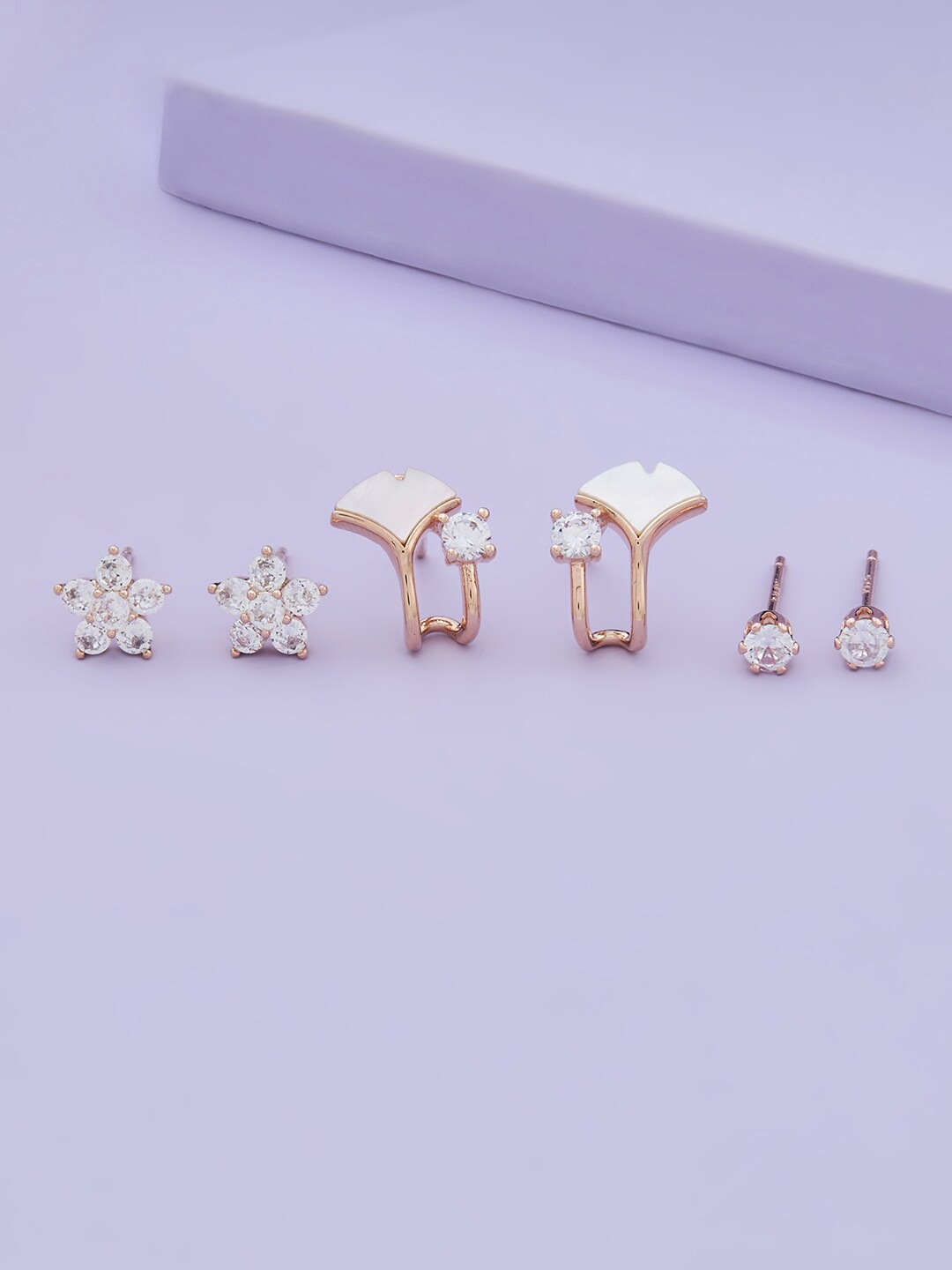 

Kushal's Fashion Jewellery 3Pcs Rose-Gold Plated Contemporary Studs Earrings, White