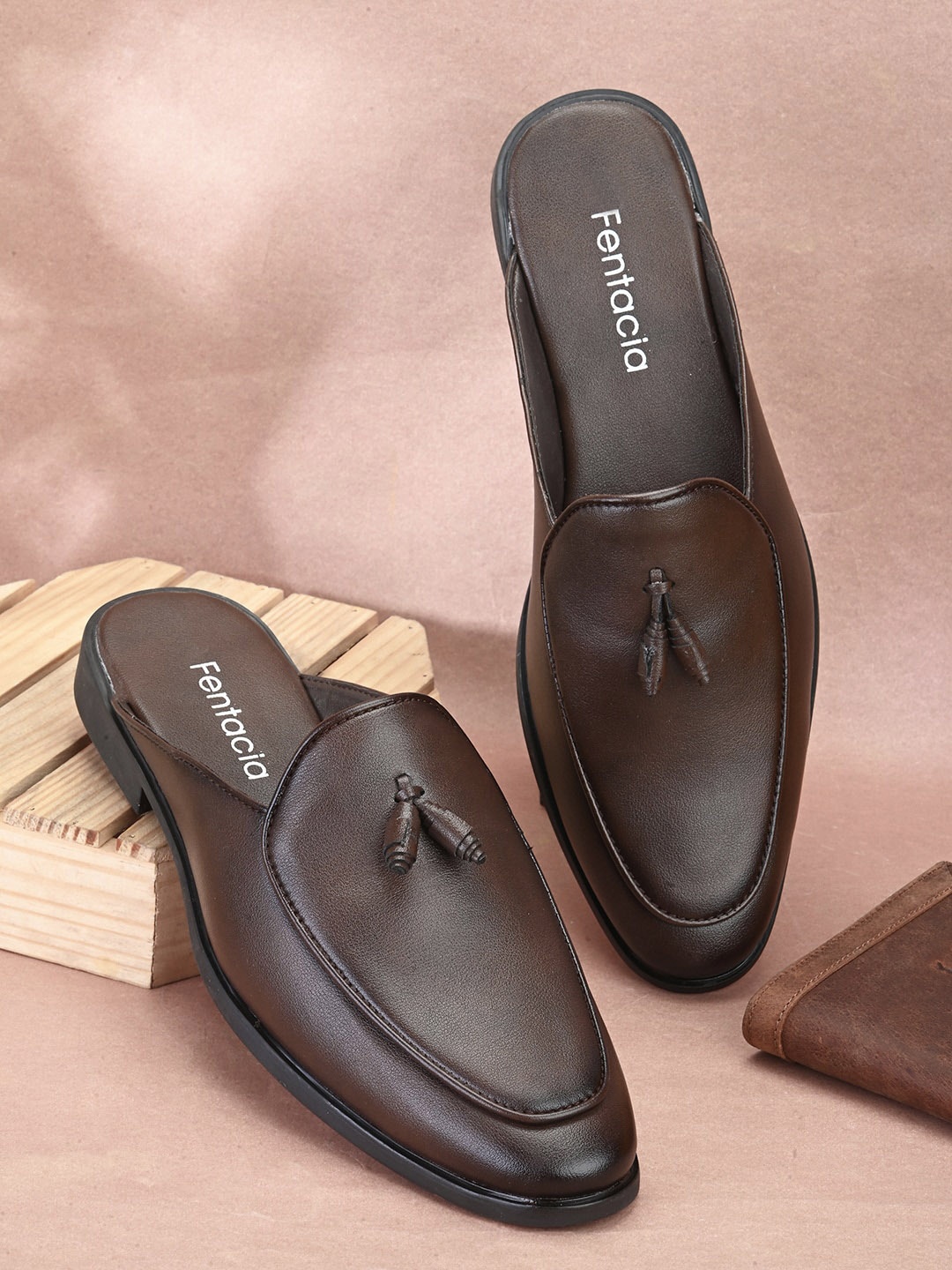 

Fentacia Men Lightweight Slip On Perforations Tassel Mules, Brown