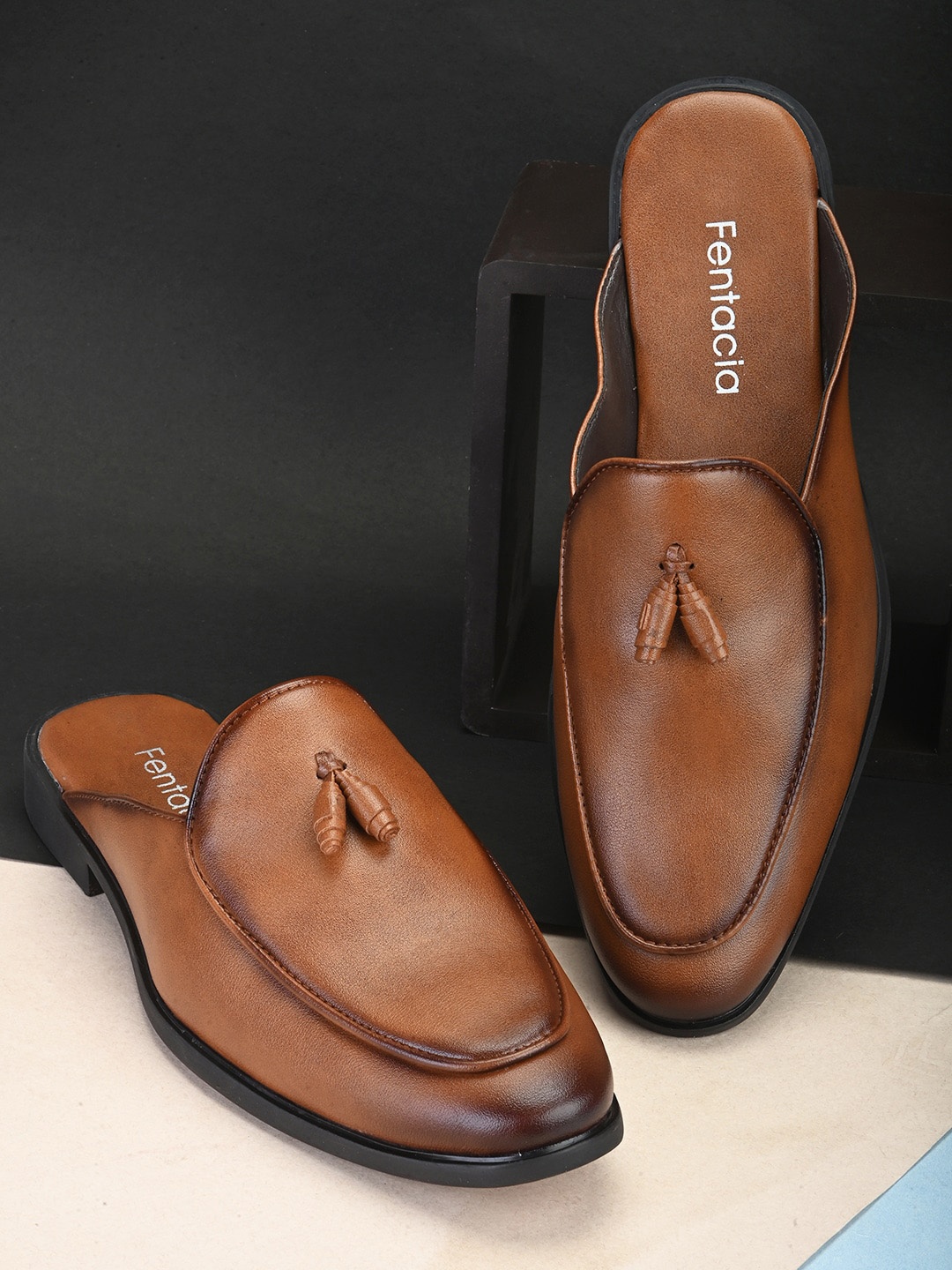 

Fentacia Men Lightweight Slip On Perforations Tassel Mules, Tan