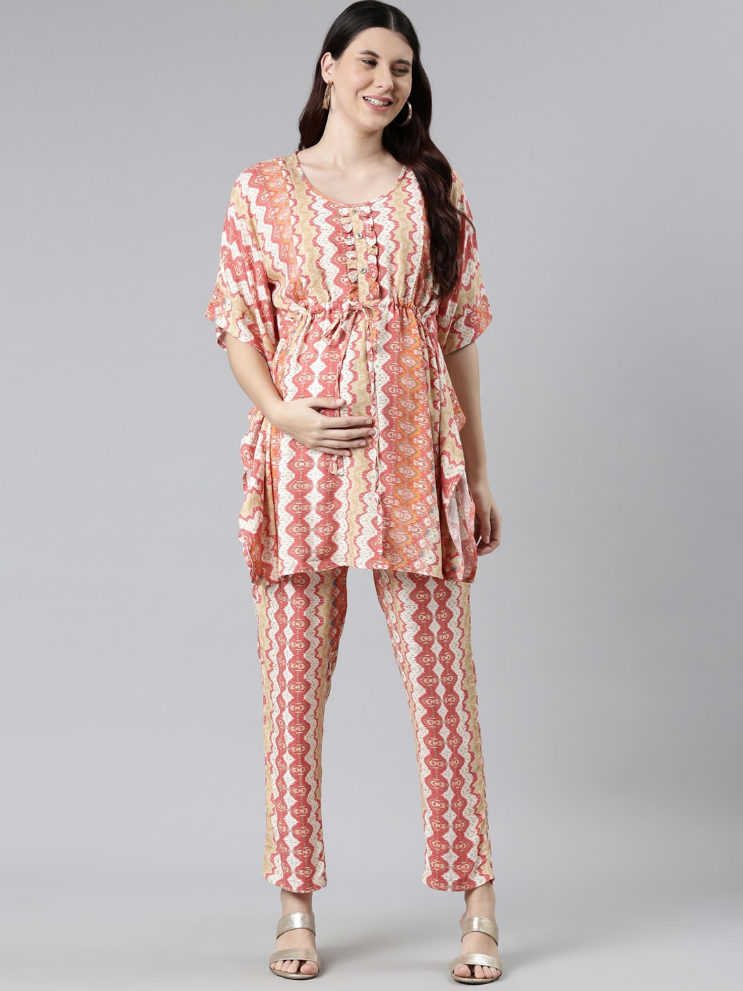

GOLDSTROMS Ethnic Motifs Printed Maternity Kaftan Night Suit, Peach
