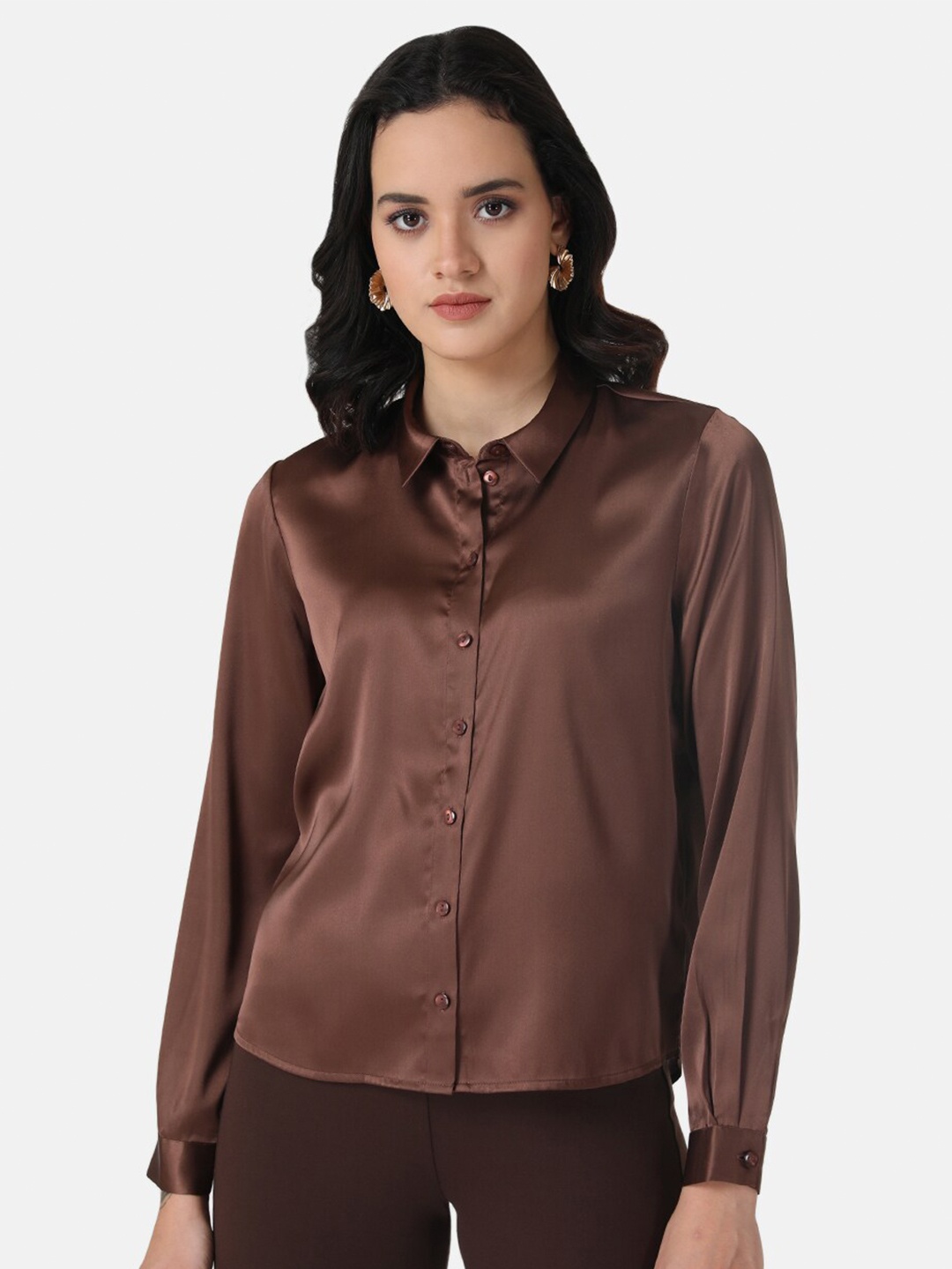 

Kazo Women Satin Opaque Formal Shirt, Brown