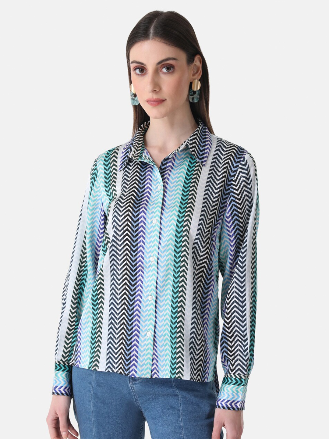 

Kazo Geometric Printed Opaque Striped Satin Casual Shirt, Blue