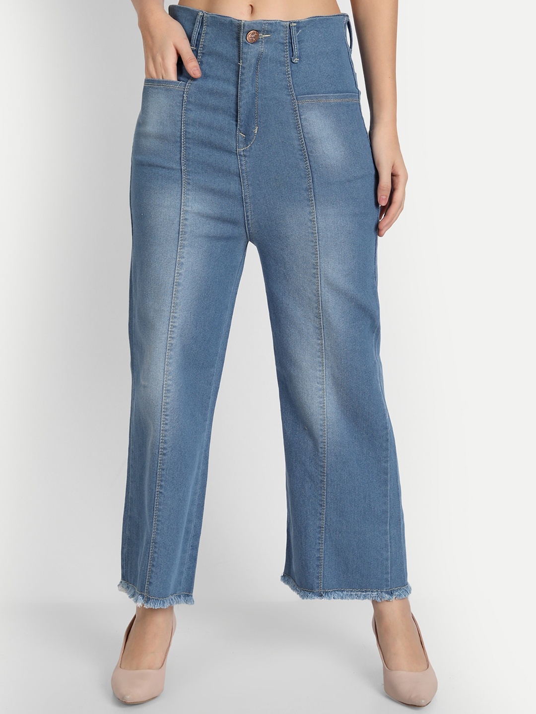 

AngelFab Women Jean Wide Leg High-Rise Light Fade Cotton Jeans, Blue