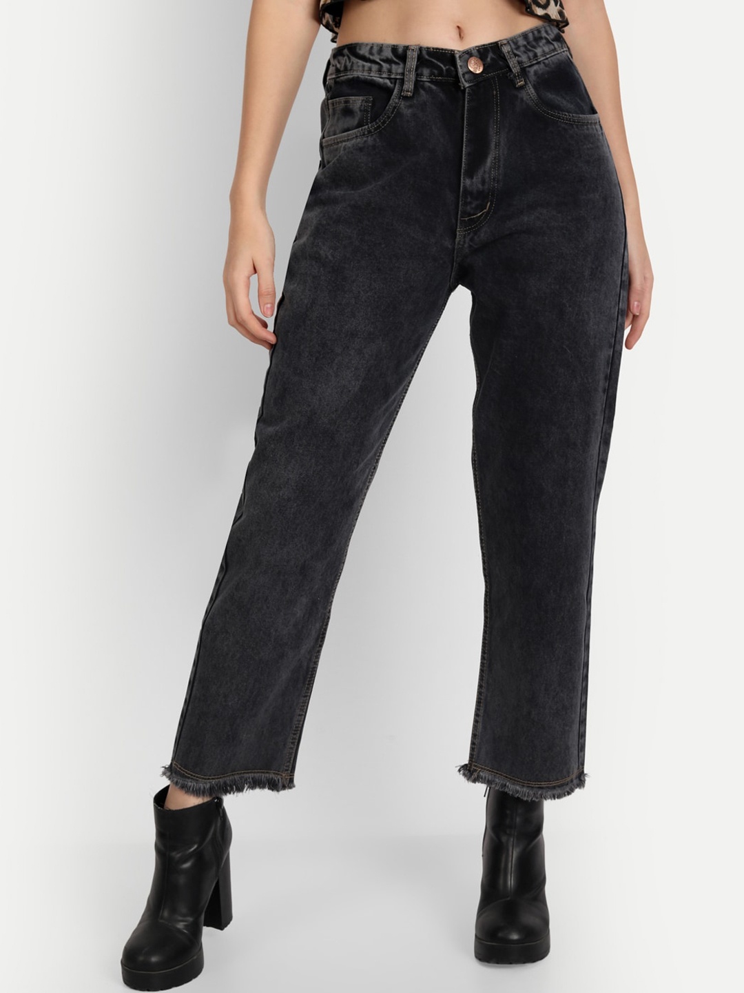 

AngelFab Women Jean Straight Fit Light Fade High-Rise Cotton Jeans, Black