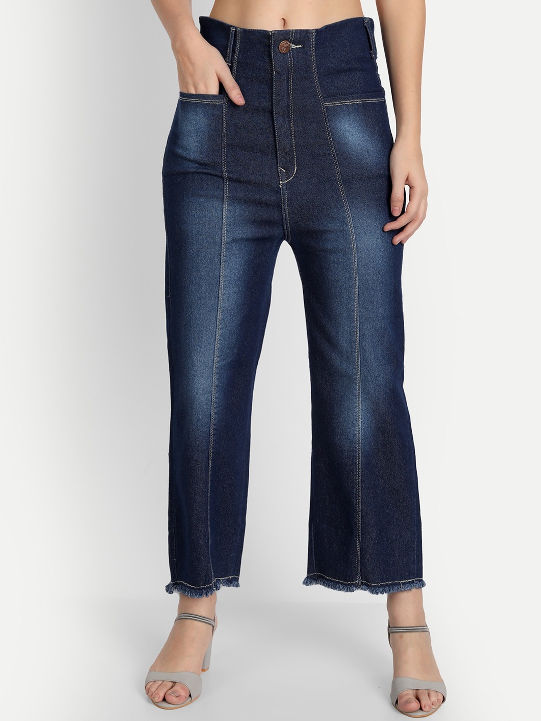 

AngelFab Women Jean Relaxed Fit High-Rise Light Fade Cotton Jeans, Navy blue