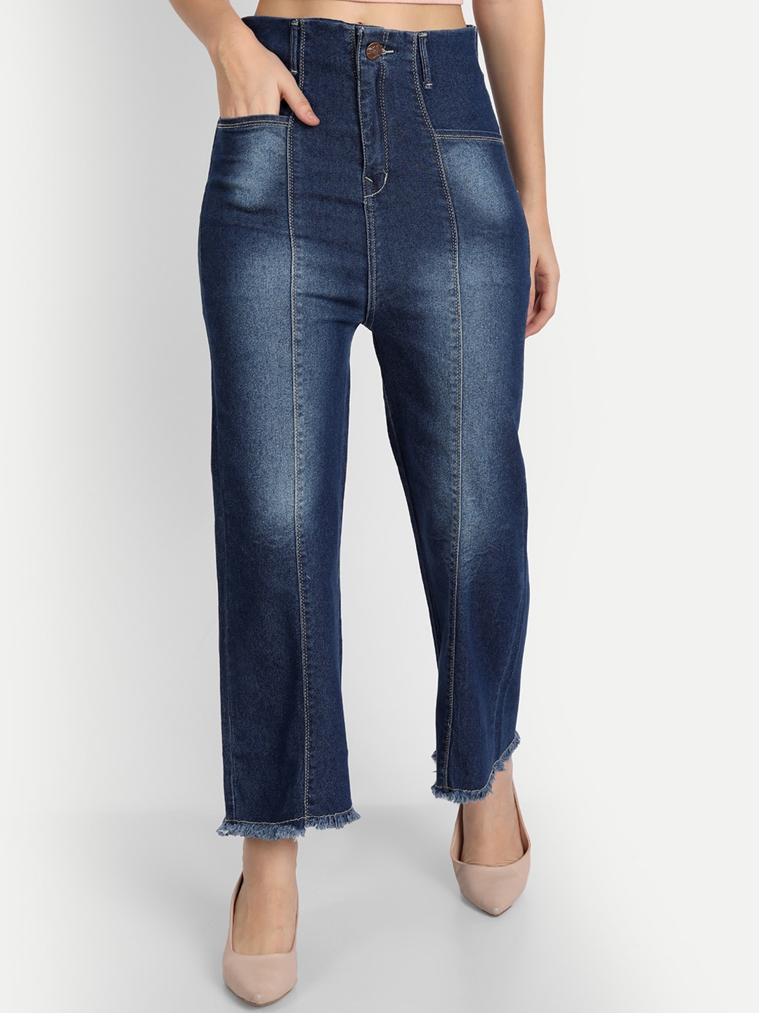 

AngelFab Women Jean Relaxed Fit High-Rise Light Fade Cotton Jeans, Blue