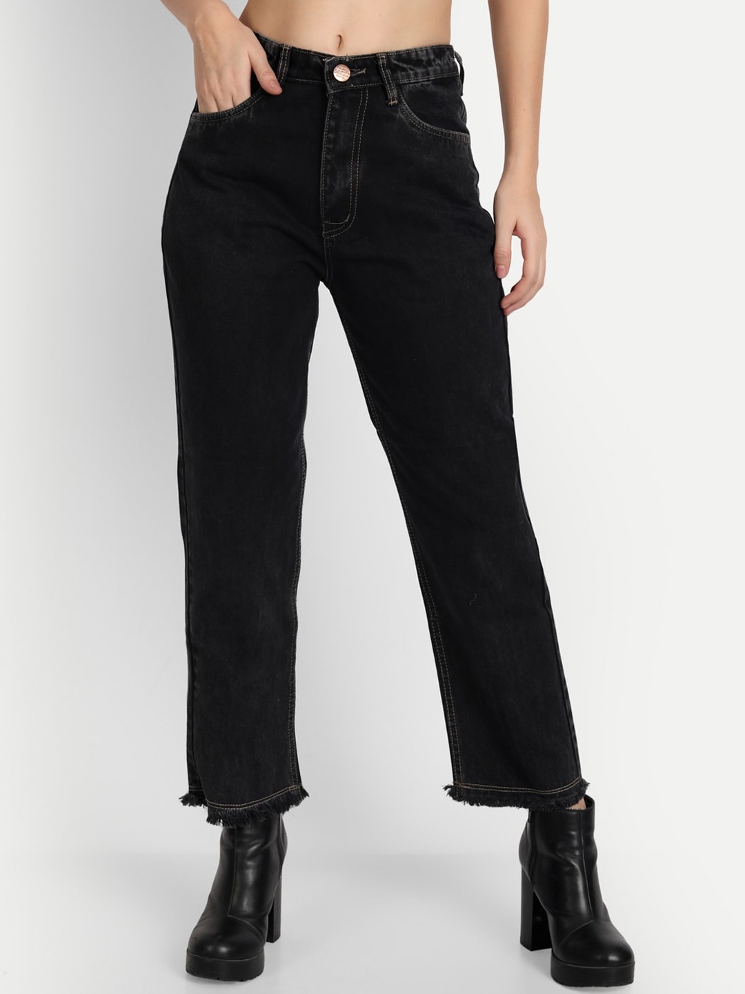 

AngelFab Women Black Jean Straight Fit High-Rise Cotton Jeans