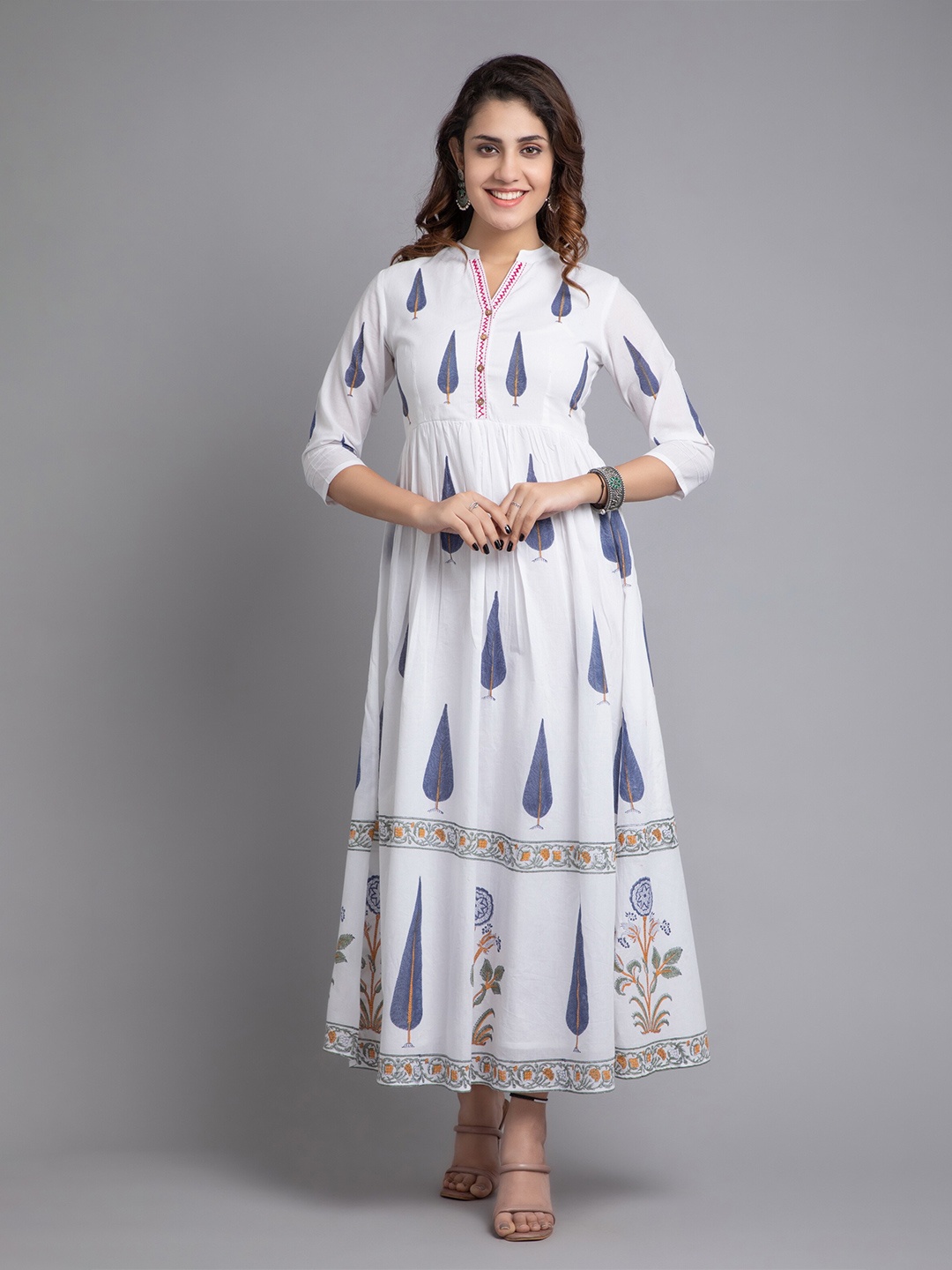 

SUTI Ethnic Motif Printed Cotton Fit & Flare Maxi Ethnic Dress, White