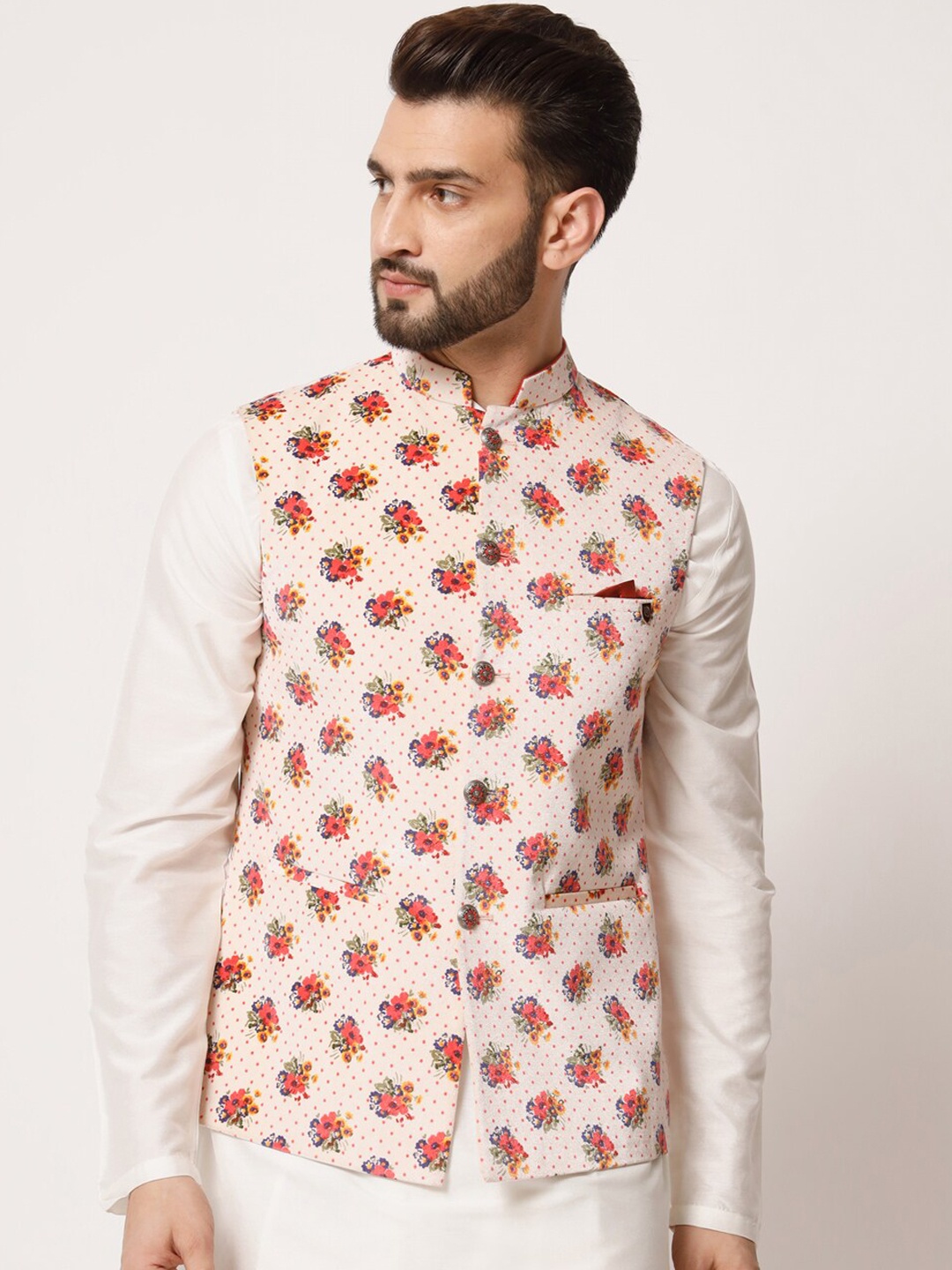 

MAXENCE Printed Pure Silk Nehru Jacket, Cream