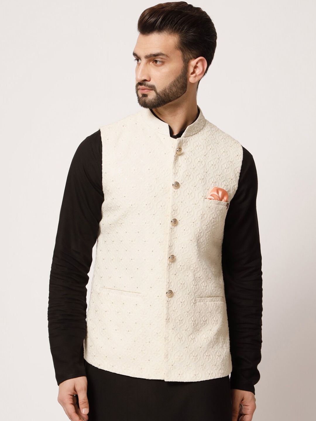 

MAXENCE Men Embroidered Pure Silk Nehru Jacket, Cream
