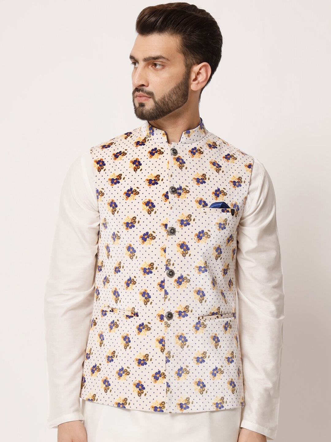 

MAXENCE Men Printed Woven Pure Silk Nehru Jacket, White