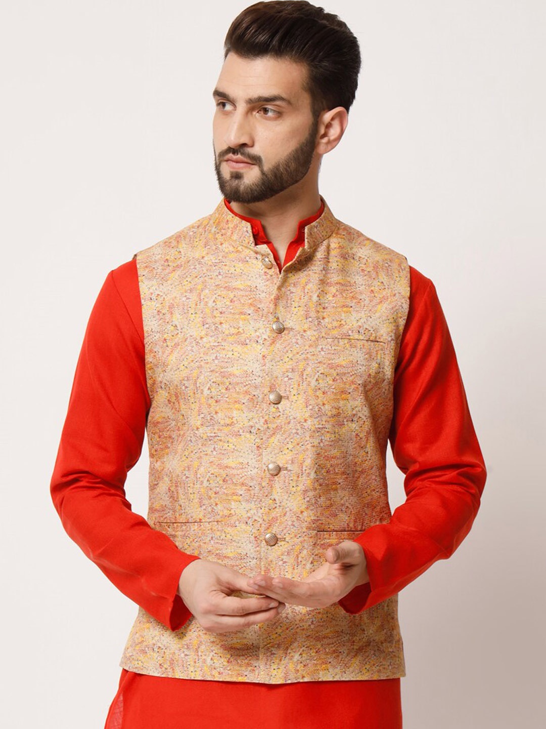 

MAXENCE Men Printed Woven Pure Silk Nehru Jacket, Beige