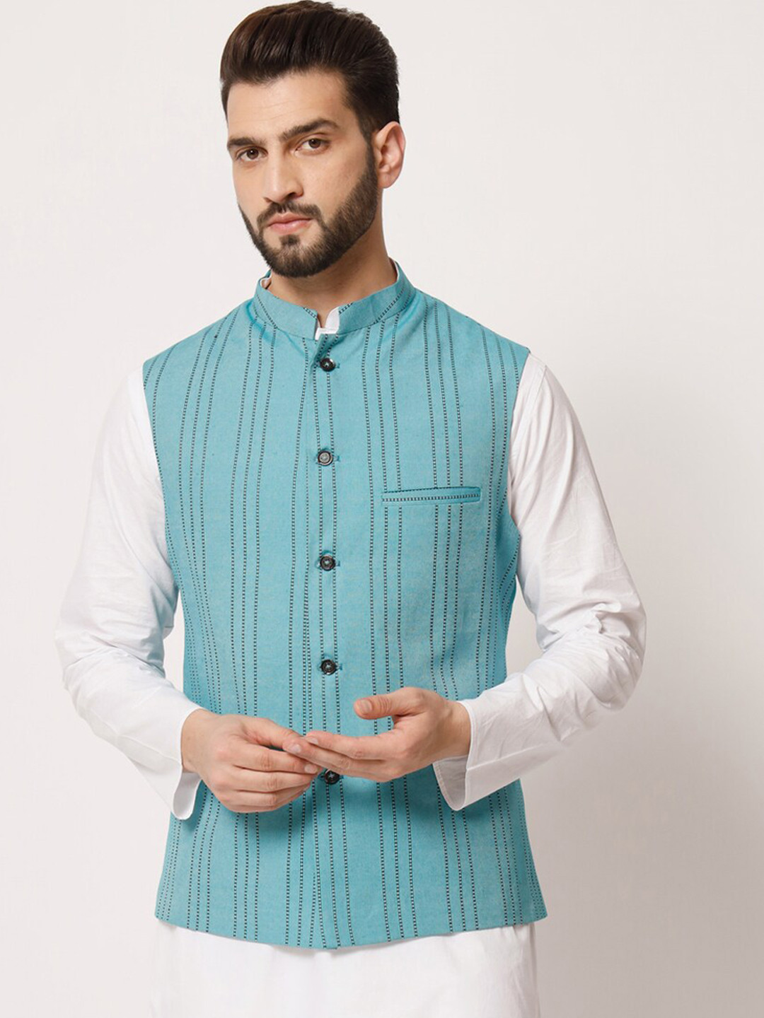 

MAXENCE Men Striped Woven Pure Silk Nehru Jacket, Blue