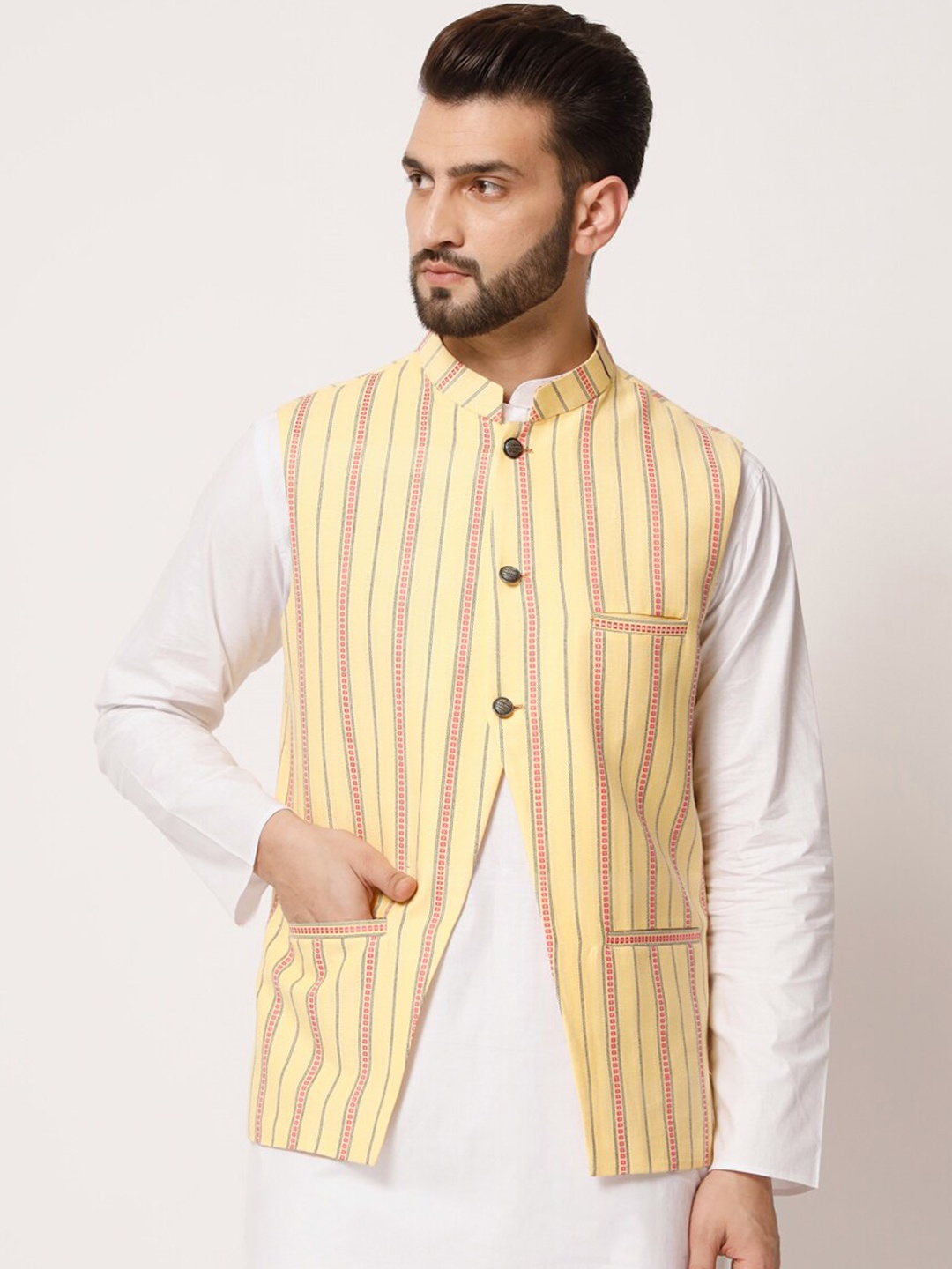 

MAXENCE Men Striped Woven Pure Silk Nehru Jacket, Yellow