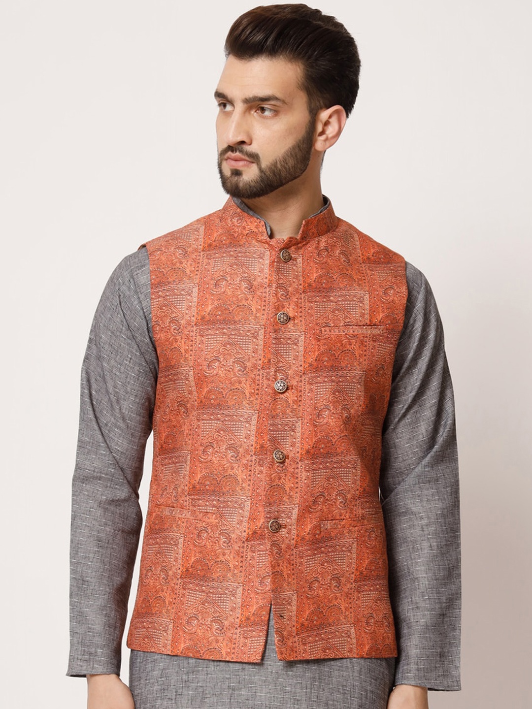 

MAXENCE Men Printed Woven Pure Silk Nehru Jacket, Orange