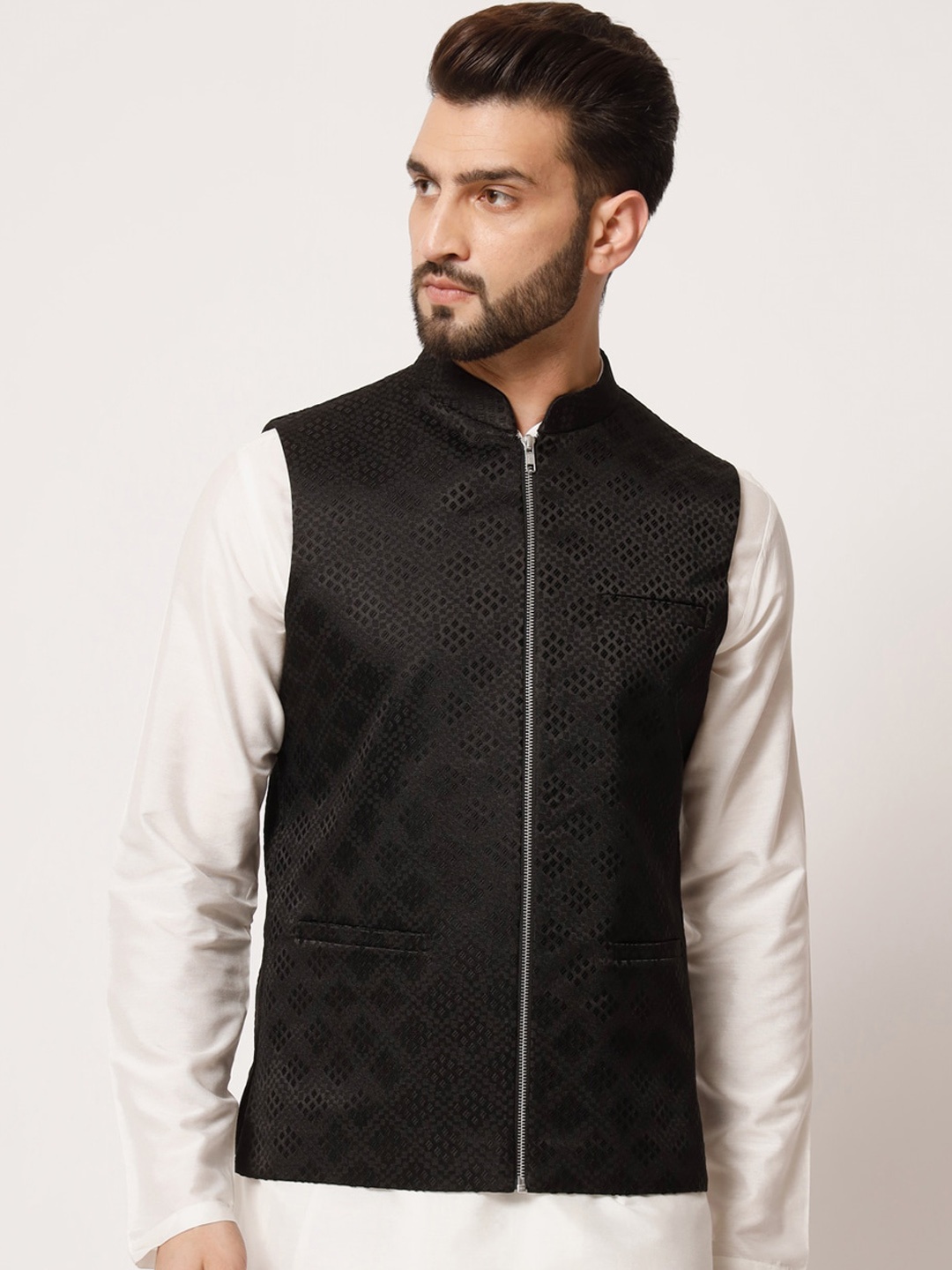 

MAXENCE Men Mandarin Collar Pure Silk Nehru Jacket, Black
