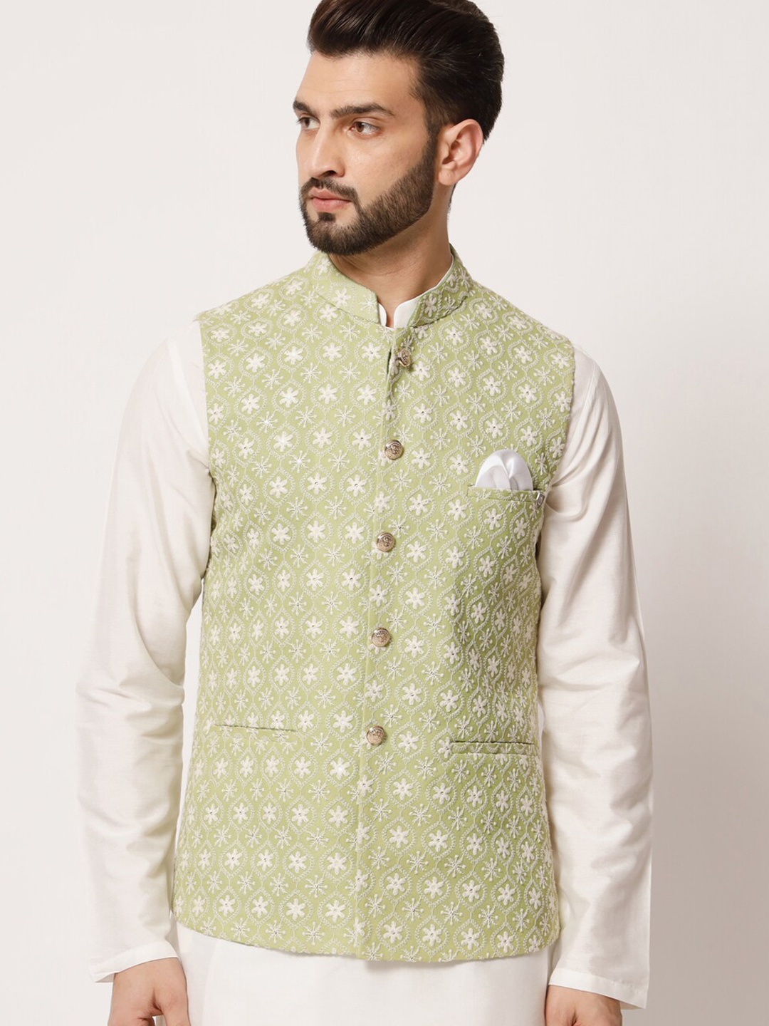

MAXENCE Embroidered Mandarin Collar Pure Silk Nehru Jacket, Green