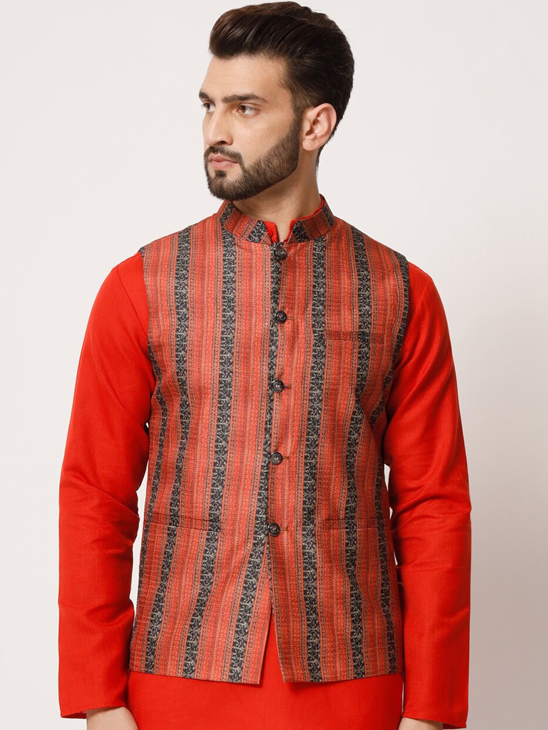 

MAXENCE Printed Mandarin Collar Nehru Jacket, Red