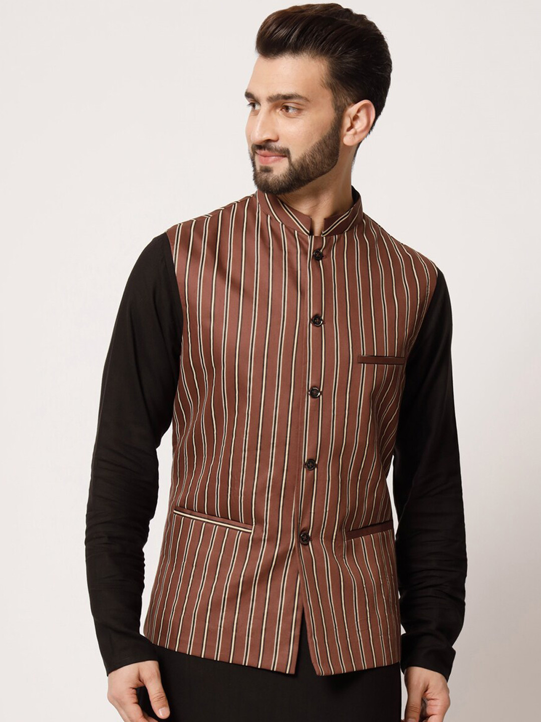 

MAXENCE Striped Mandarin Collar Pure Silk Nehru Jacket, Brown