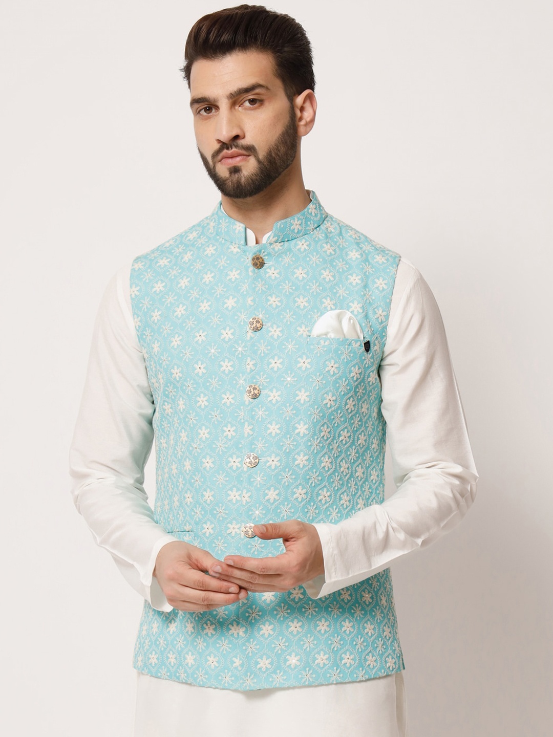 

MAXENCE Embroidered Pure Silk Nehru Jacket with Pocket Square, Turquoise blue
