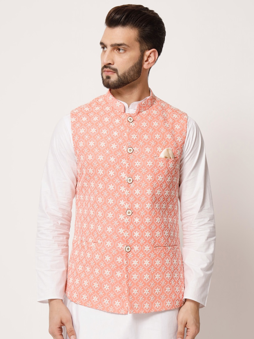 

MAXENCE Men Embroidered Pure Silk Nehru Jacket, Pink