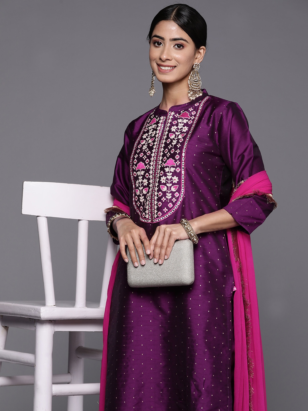 

Varanga Embroidered Regular Thread Work Kurta with Trousers & With Dupatta, Purple