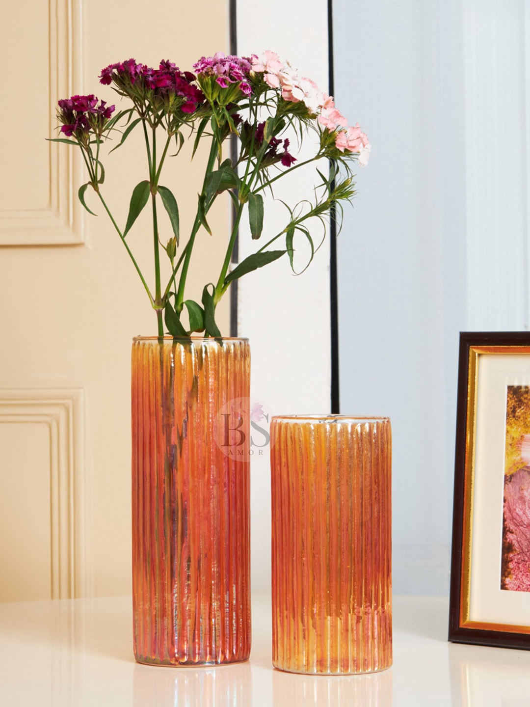

BS AMOR 2-Pcs Orange-Colored Textured Cylindrical Glass Flower Vases