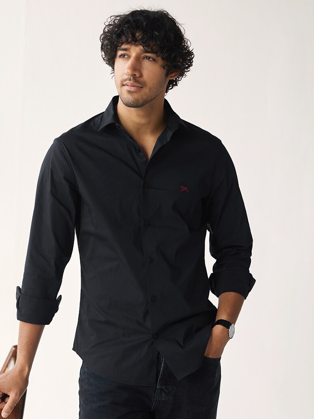 

Andamen Spread Collar Slim Fit Cotton Casual Shirt, Black