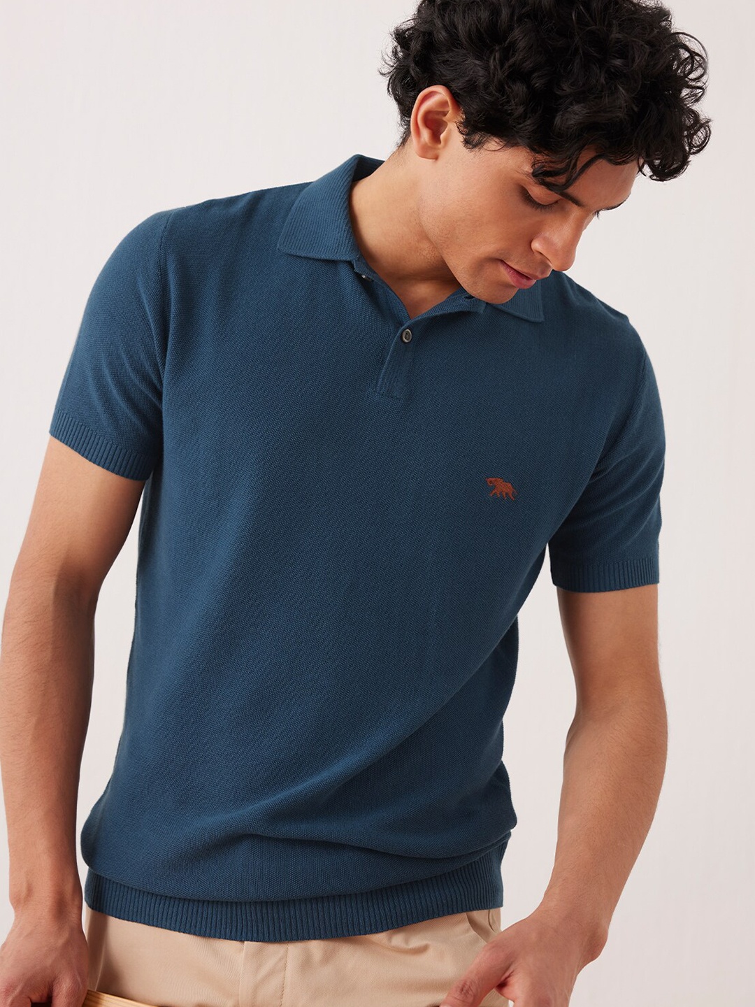 

Andamen Polo Collar Cotton Breathable Moss Knit T-shirt, Blue