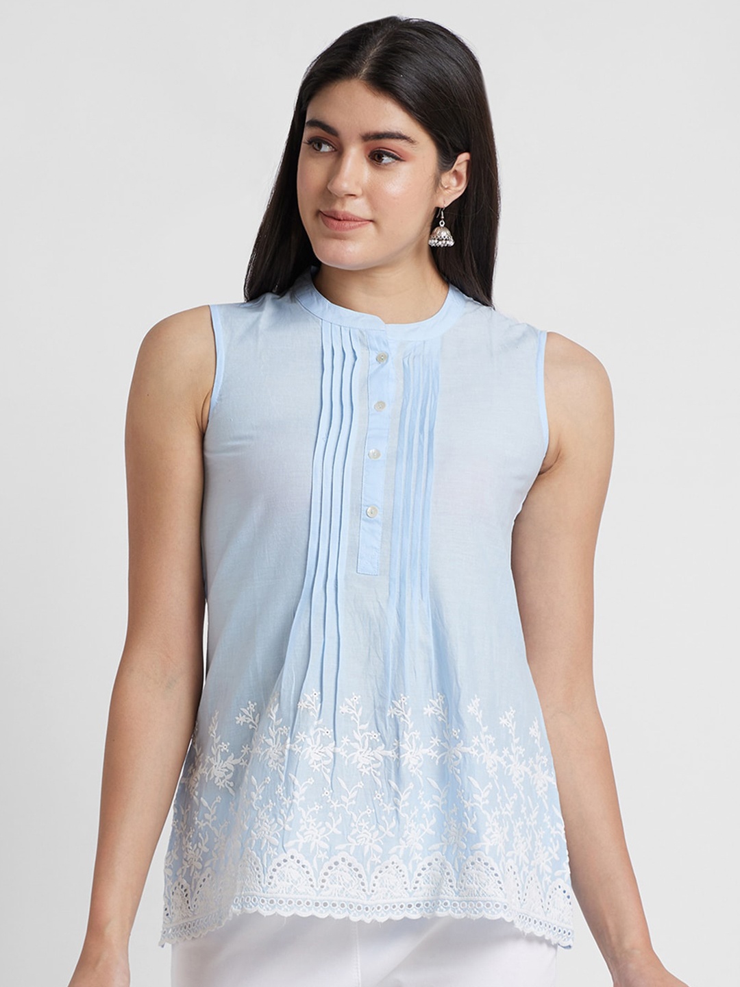 

Globus Embroidered Mandarin Collar Sleeveless Ethnic Tunic, Blue