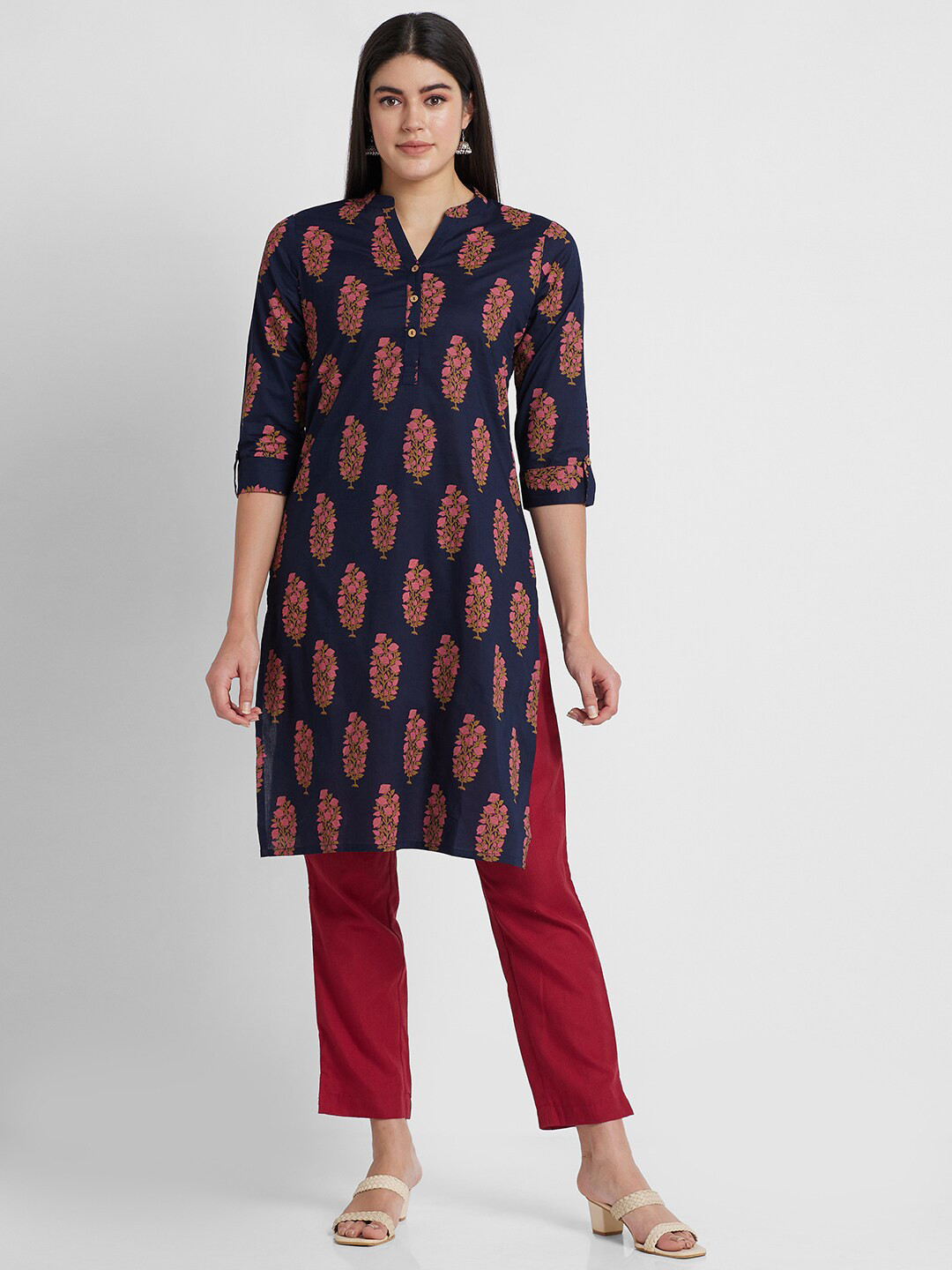 

Globus Floral Printed Mandarin Collar Pure Cotyton Kurta, Blue