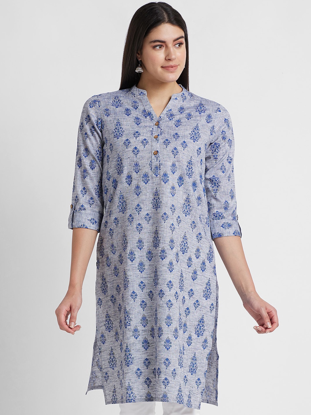 

Globus Ethnic Motifs Printed Pure Cotton Straight Regular Kurta, Blue
