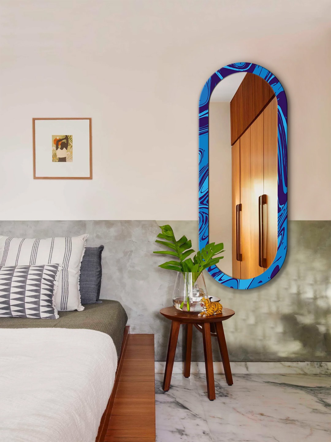 

999Store Blue & Black Abstract Printed MDF Frame Wall Mirror