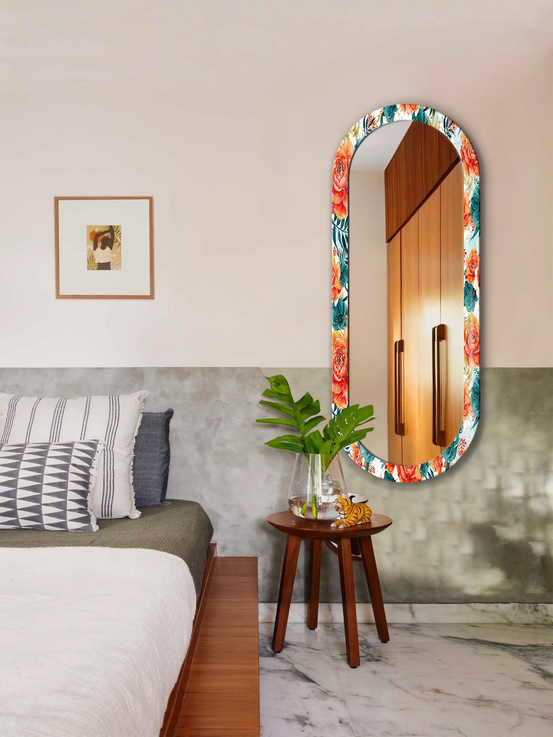 

999Store Off-White & Red Printed Wooden Frame Wall Mirror