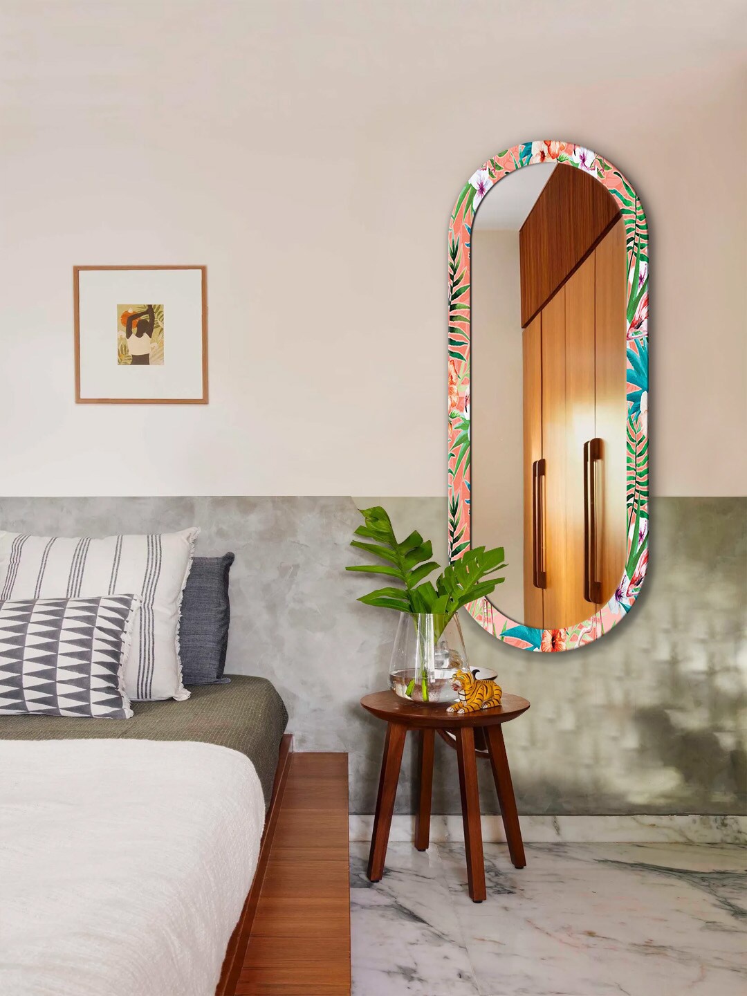 

999Store Orange & Green Leaves & Flower Printed Wooden Frame Wall Mirror