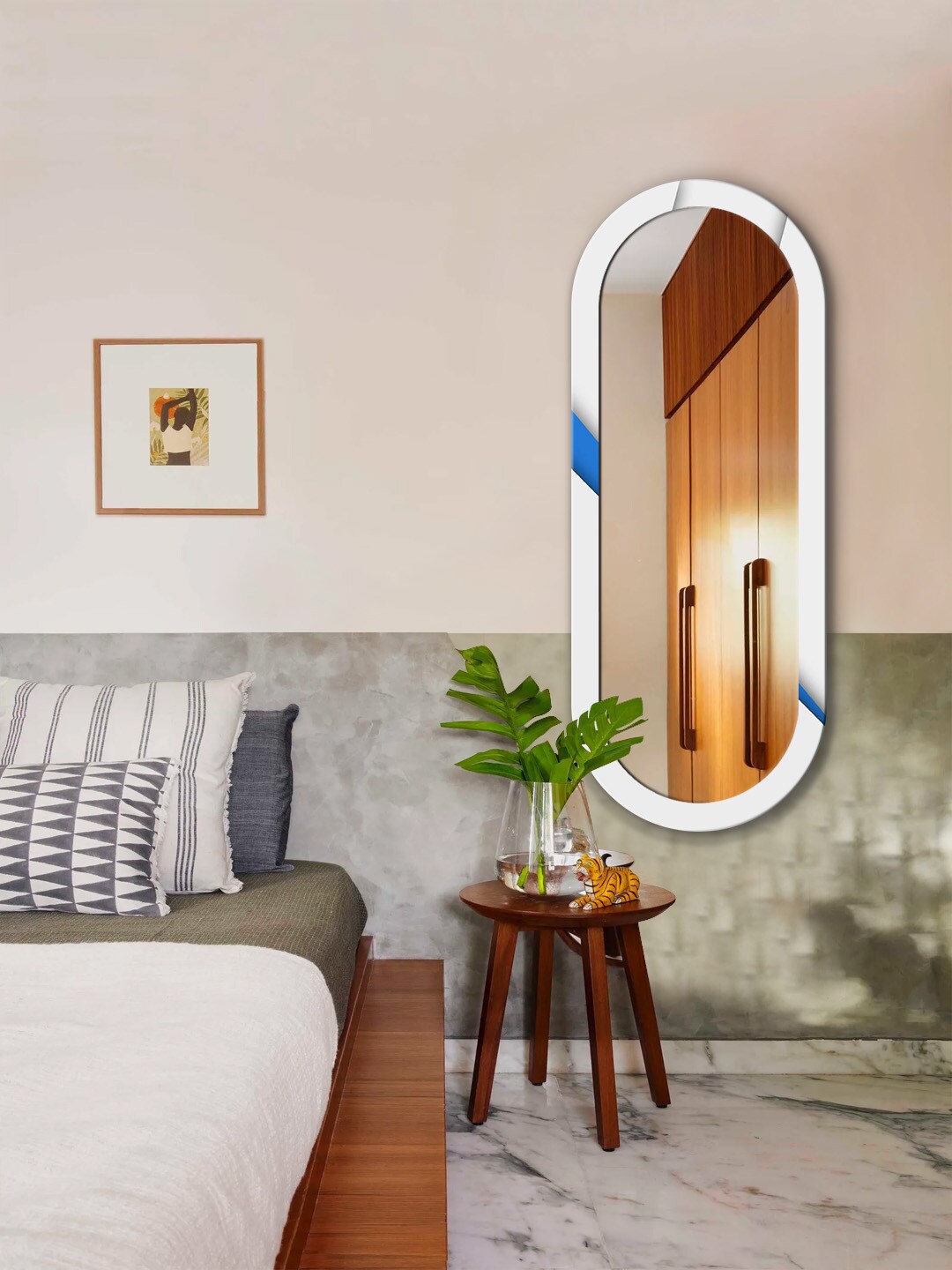 

999Store White & Blue Striped Wooden Frame Wall Mirror