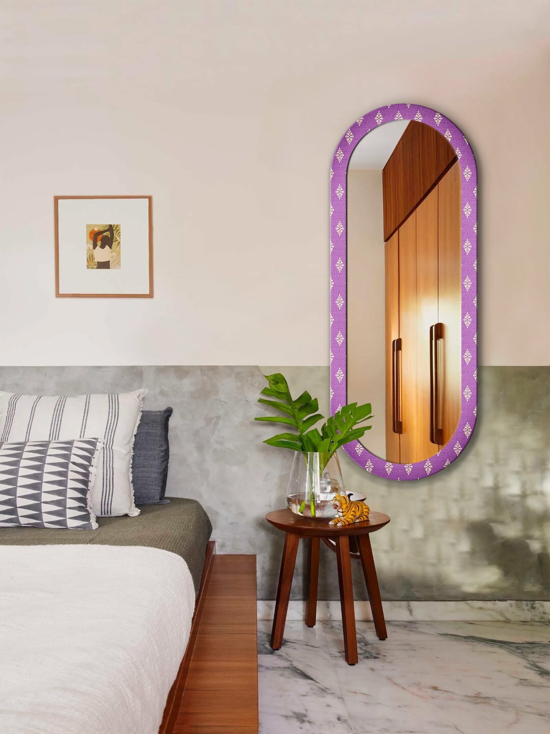 

999Store Purple & Cream-Colored Printed MDF Frame Wall Mirror