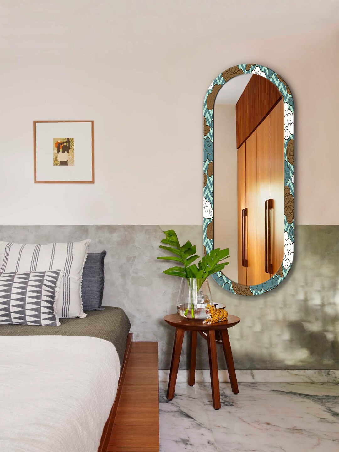 

999Store Green & Brown Abstract Printed Wall Mirror