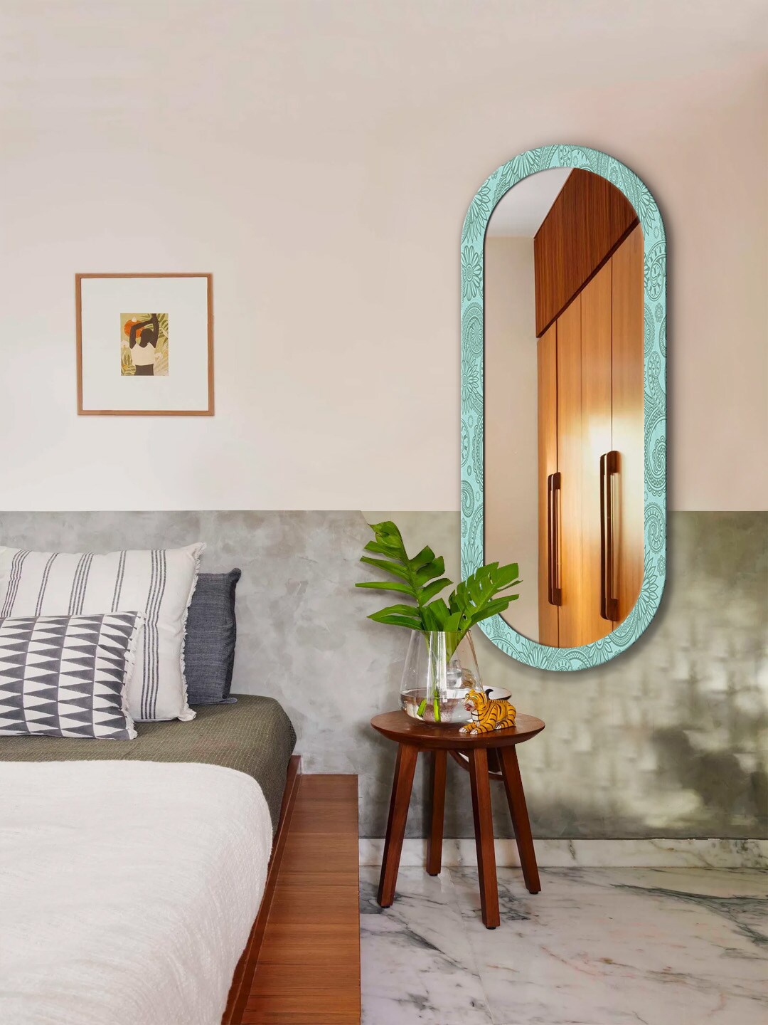 

999Store Green & Grey Mandala Pattern Printed Wooden Frame Wall Mirror
