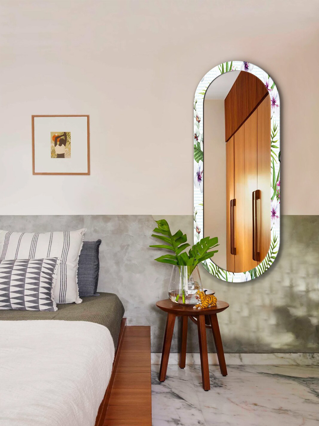 

999Store White & Green Leaves & Flower Printed Wall Mirror