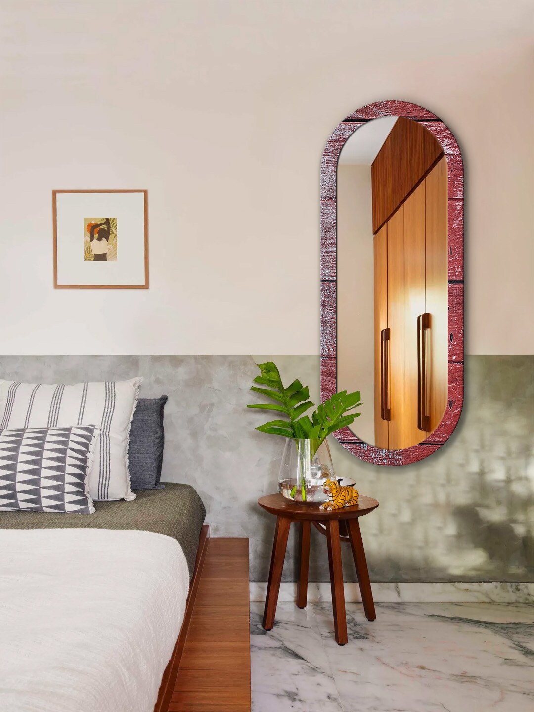 

999Store Red & Grey Printed Wooden Frame Wall Mirror
