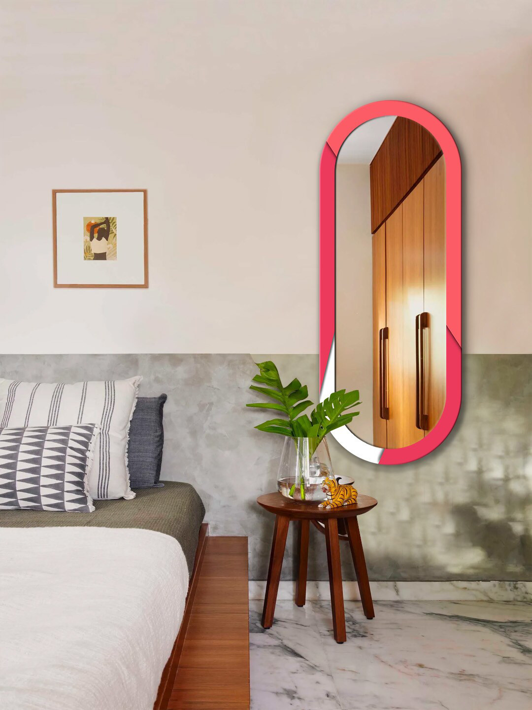 

999Store Pink & White Colourblocked MDF Frame Wall Mirror