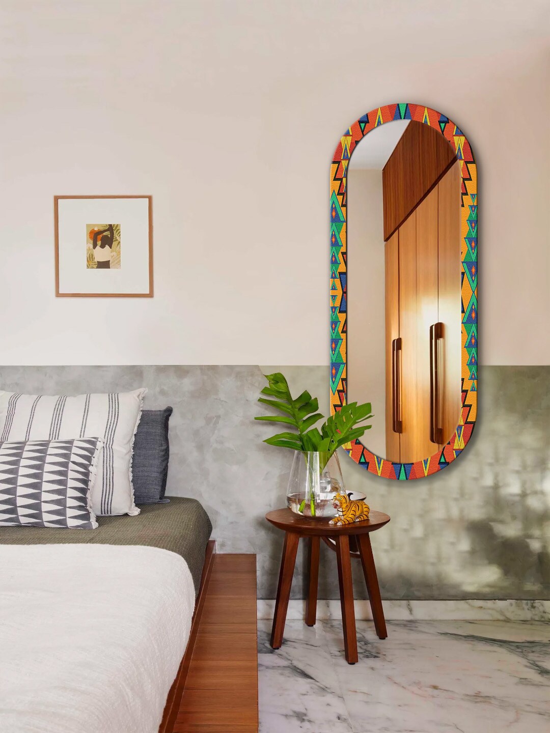 

999Store Yellow & Green Geometric Printed MDF Frame Wall Mirror