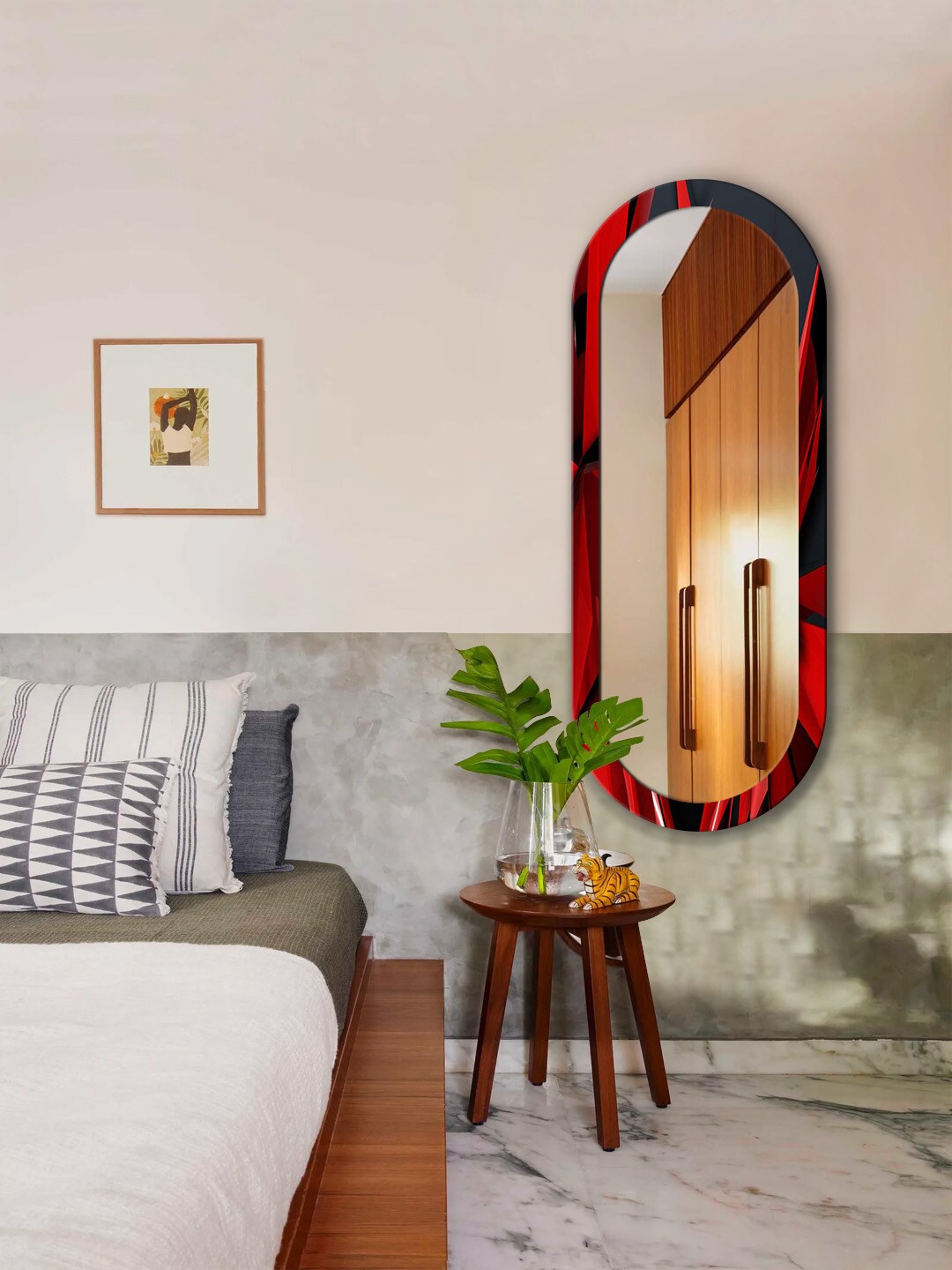 

999Store Red & Black Abstract Printed MDF Frame Wall Mirror