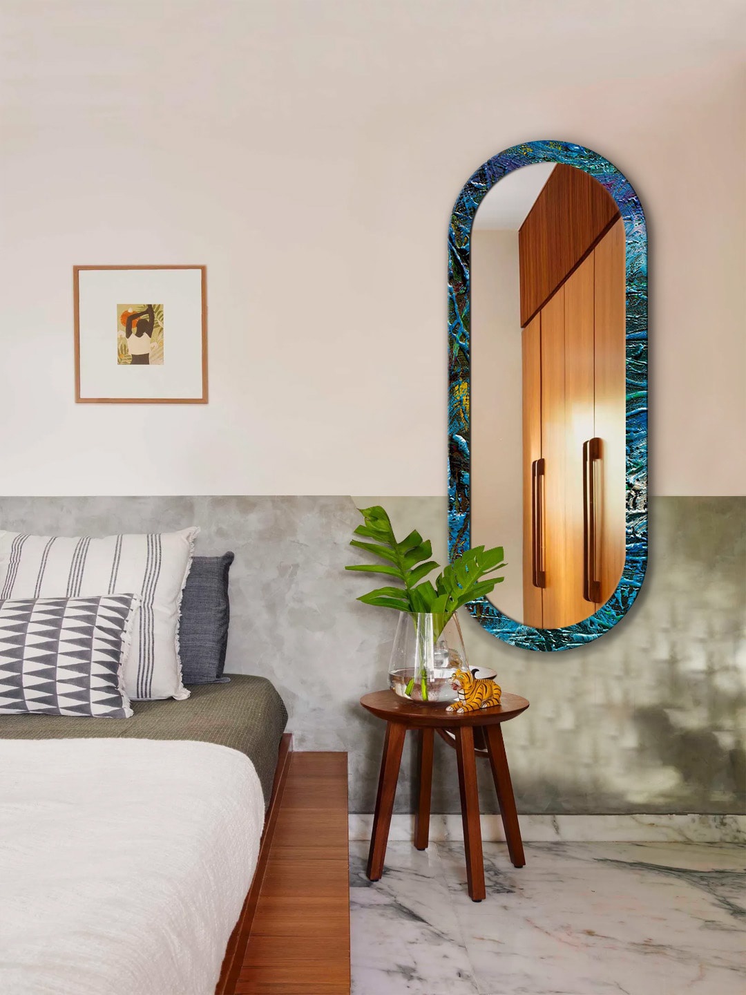 

999Store Blue & Black Printed Wooden Frame Wall Mirror