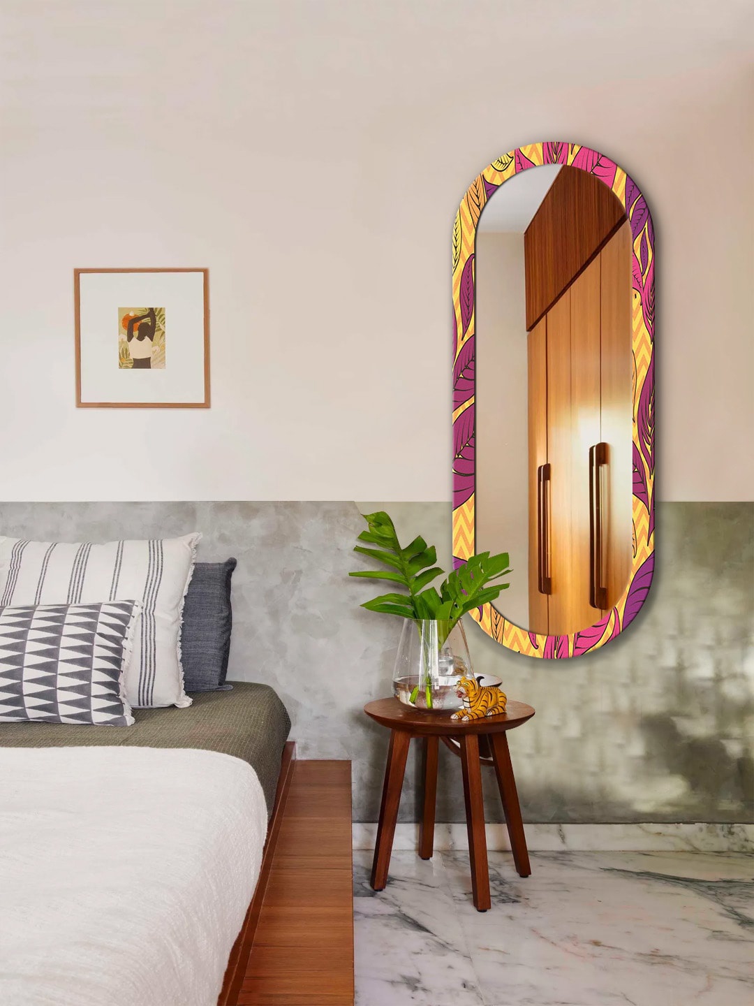 

999Store Yellow & Purple Leaves Printed Wall Mirror