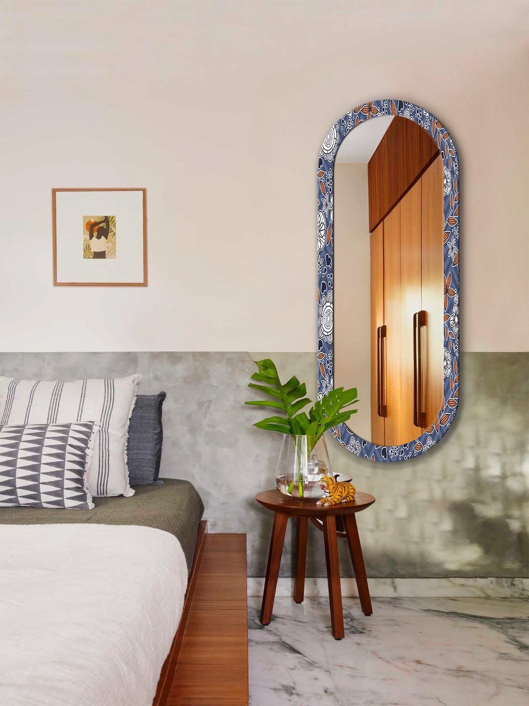 

999Store Blue & Orange Floral Printed Wall Mirror